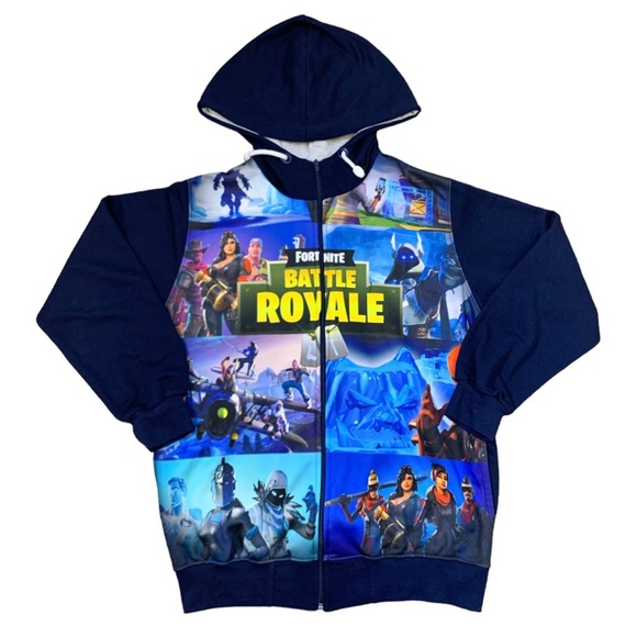 FORTNITE Battle Royale Graphic Print Zip Front Hooded Sweater Navy Blue Boys 12Y - Picture 1 of 8